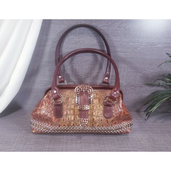 RAVIANI WESTERN TOOLED CROC LEATHER SATCHEL SHOULDER BAG SWAROVSKI